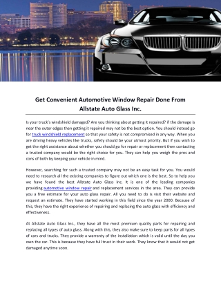 Get Convenient Automotive Window Repair Done From Allstate Auto Glass Inc