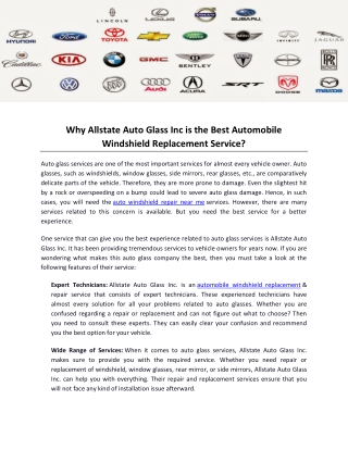 Why Allstate Auto Glass Inc is the Best Automobile Windshield Replacement Service