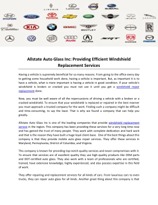 Allstate Auto Glass Inc- Providing Efficient Windshield Replacement Services