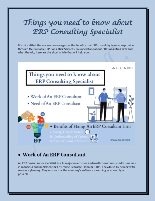 Things you need to know about ERP Consulting Specialist - ALLARI