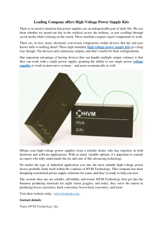 Leading Company offers High-Voltage Power Supply Kits