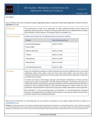 BIS Update: Mandatory Certification for Additional Chemical Products