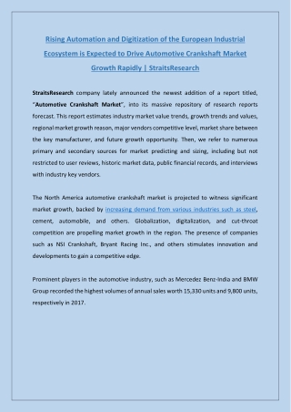 Overview of Automotive Crankshaft Market 2021 | StraitsResearch