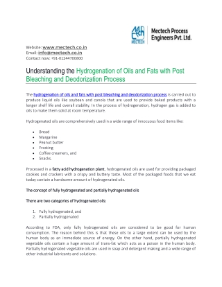 Understanding the Hydrogenation of Oils and Fats with Post Bleaching and Deodorization Process