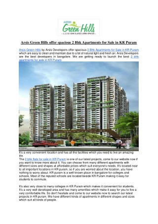 Arsis Green Hills offer spacious 2 Bhk Apartments for Sale in KR Puram