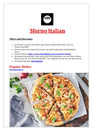 5% Off - Sforno Italian Menu - Italian Restaurant Munno Para, SA