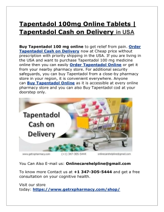 Tapentadol 100mg Online Tablets | Tapentadol Cash on Delivery in USA