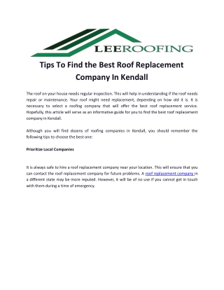 Tips To Find The Best Roof Replacement Company In Kendall