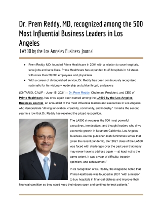 Dr. Prem Reddy, MD, recognized among the 500 Most Influential Business Leaders in Los Angeles