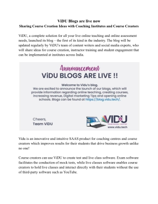 ViDU LMS provider in India Launched their Blog so Educators Get Course Creation