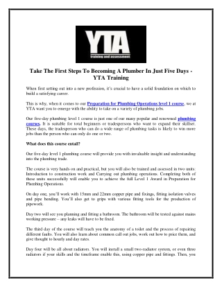 Take The First Steps To Becoming A Plumber In Just Five Days - YTA Training