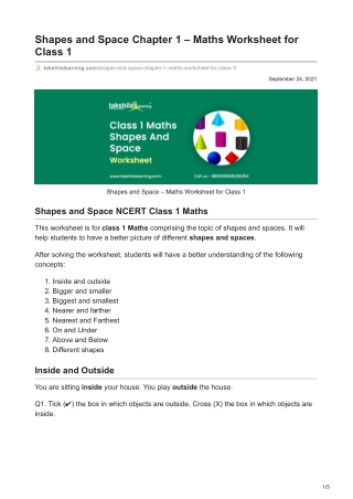 Shapes worksheet Chapter 1 - NCERT Solutions Class 1 Maths