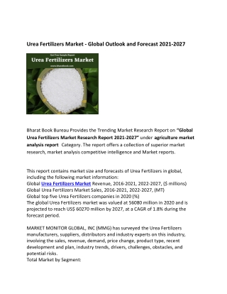 Global Urea Fertilizers Market Outlook Forecast to 2021-2027