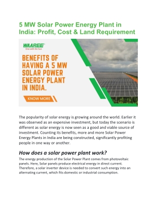 5 MW Solar Power Energy Plant in India Profit, Cost & Land Requirement