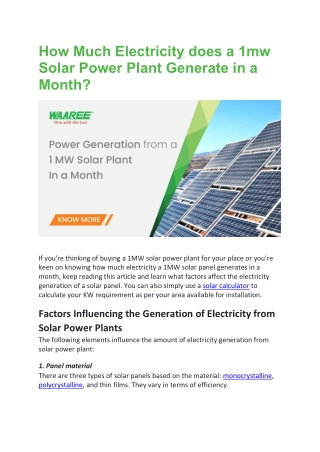 How Much Electricity does a 1mw Solar Power Plant Generate in a Month
