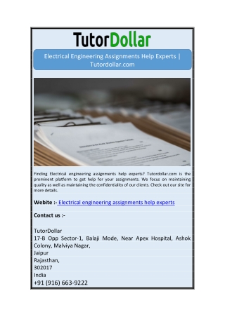 Electrical Engineering Assignments Help Experts | Tutordollar.com