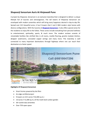 Shapoorji Sensorium Auris At Hinjewadi Pune