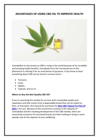 ADVANTAGES OF USING CBD OIL TO IMPROVE HEALTH