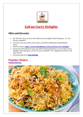 20% Off - Zafran Curry Delights - Takeaway South Plympton,SA