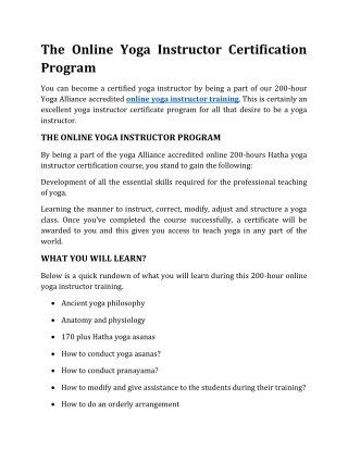 The Online Yoga Instructor Certification Program