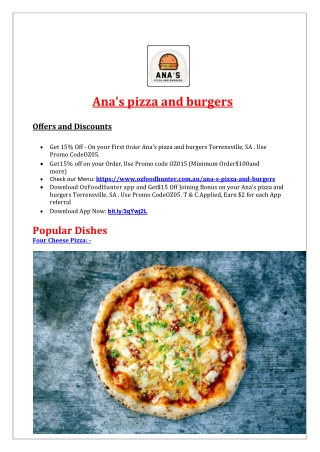 Ana’s pizza and burgers Torrensville Menu, SA - 15% off