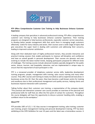 PTP Offers Comprehensive Customer Care Training to Help Businesses Enhance Customer Experience