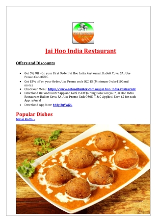 5% Off - Jai Hoo India Restaurant Hallett Cove Menu, SA