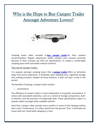 Why is the Hype to Buy Camper Trailer Amongst Adventure Lovers
