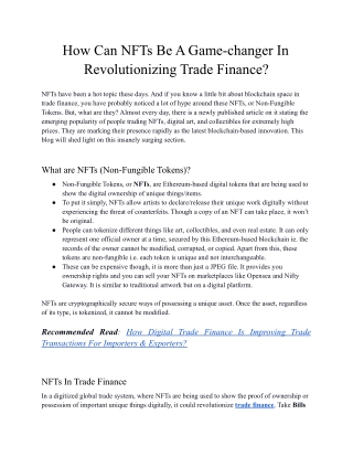 How Can NFTs Be A Game-changer In Revolutionizing Trade Finance?