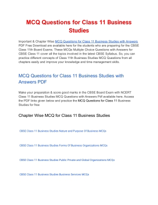 MCQs Class 11 Business Studies with Answers PDF Download