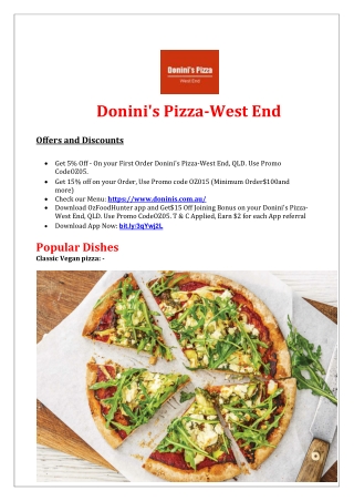 Donini's Pizza West End Restaurant Menu, QLD – 5% Off