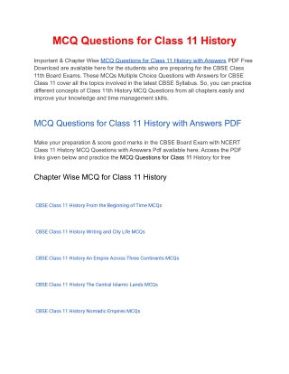 MCQs Class 11 History with Answers PDF Download