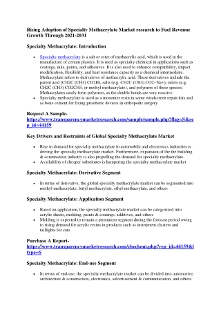 Rising Adoption of Specialty Methacrylate Market research to Fuel Revenue Growth