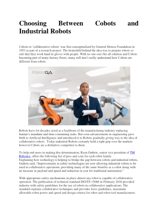 Choosing Between Cobots and Industrial Robots