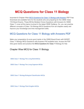 MCQs Class 11 Biology with Answers PDF Download