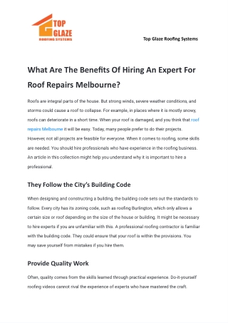 What Are The Benefits Of Hiring An Expert For Roof Repairs Melbourne