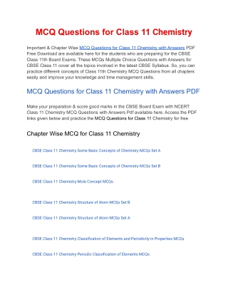 MCQs Class 11 Chemistry with Answers PDF Download
