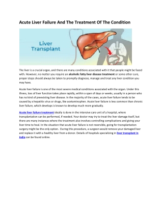 Acute Liver Failure And The Treatment Of The Condition