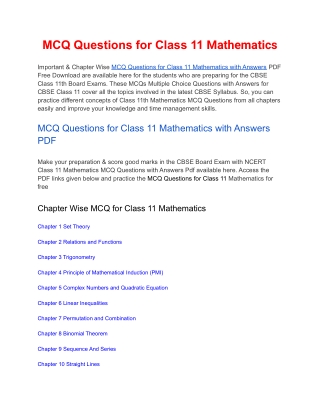 MCQs Class 11 Mathematics with Answers PDF Download