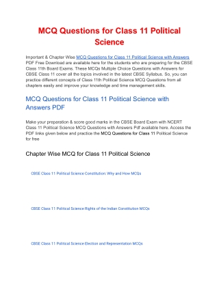 MCQs Class 11 Political Science with Answers PDF Download