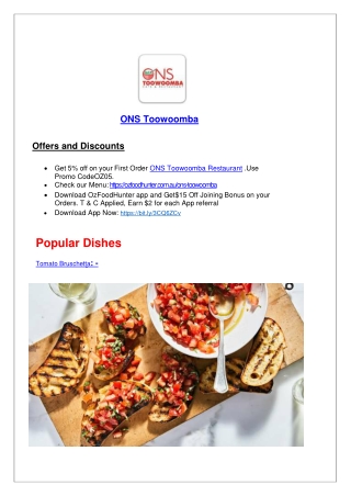 15% Off - ONS Toowoomba Italian Restaurant North Toowoomba Menu, QLD