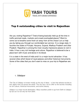 Top 6 outstanding cities to visit in Rajasthan.