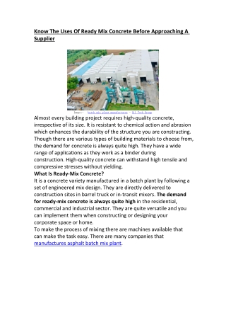 Know The Uses Of Ready Mix Concrete Before Approaching A Supplier