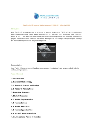 Asia Pacific 3D scanner Market size worth US$0.911 billion by 2023