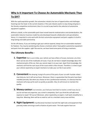 Why Is It Important To Choose An Automobile Mechanic Than To DIY