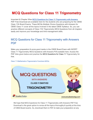 MCQs Class 11 Trigonometry with Answers PDF Download