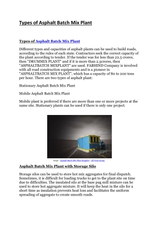 Types of Asphalt Batch Mix Plant