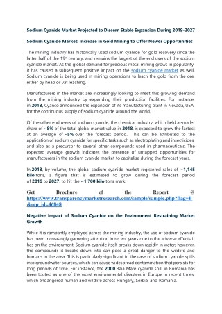 Sodium Cyanide Market Projected to Discern Stable Expansion During 2019-2027