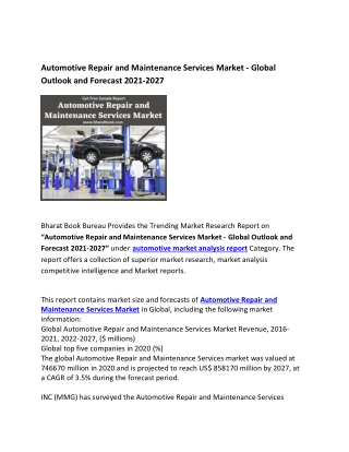 Global Automotive Repair and Maintenance Services Market Forecast to 2021-2027