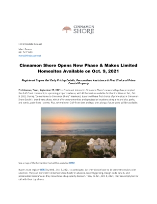 Cinnamon Shore Opens New Phase & Makes Limited Homesites Available